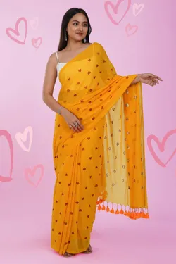 Yellow With Red Heart Embroidered Soft Khadi Cotton Saree for Women, Party, Wedding, Bridal